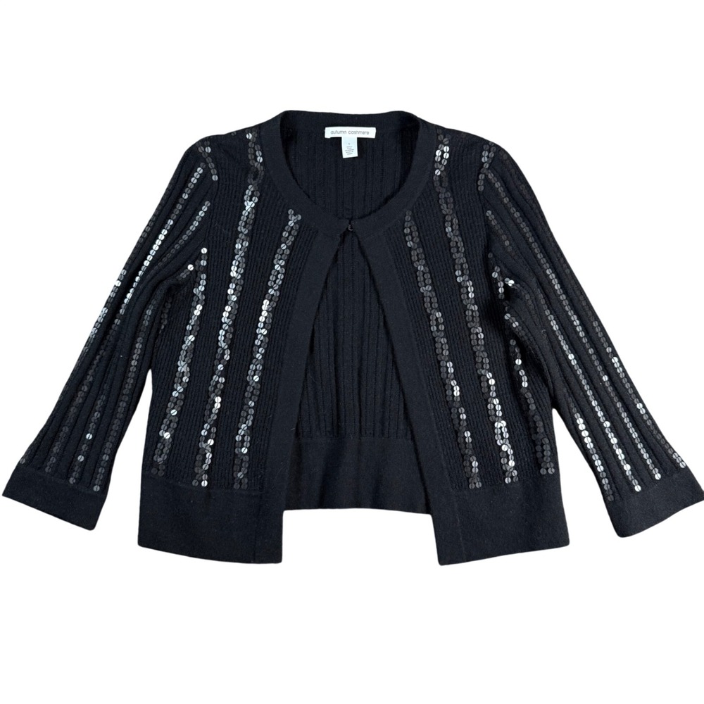 Autumn Cashmere Cardigan Sweater Womens S Black Sequin Ribbed 100% Pure Cashmere